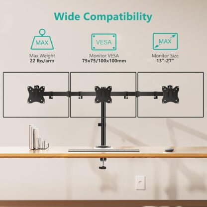Soporte Triple para Monitores de 13 a 27 pulgadas con Brazo Ajustable y Base de Abrazadera o Grommet 🖥️🖥️🖥️ - Imagen 5