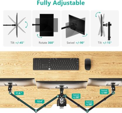Soporte Triple para Monitores de 13 a 27 pulgadas con Brazo Ajustable y Base de Abrazadera o Grommet 🖥️🖥️🖥️ - Imagen 7