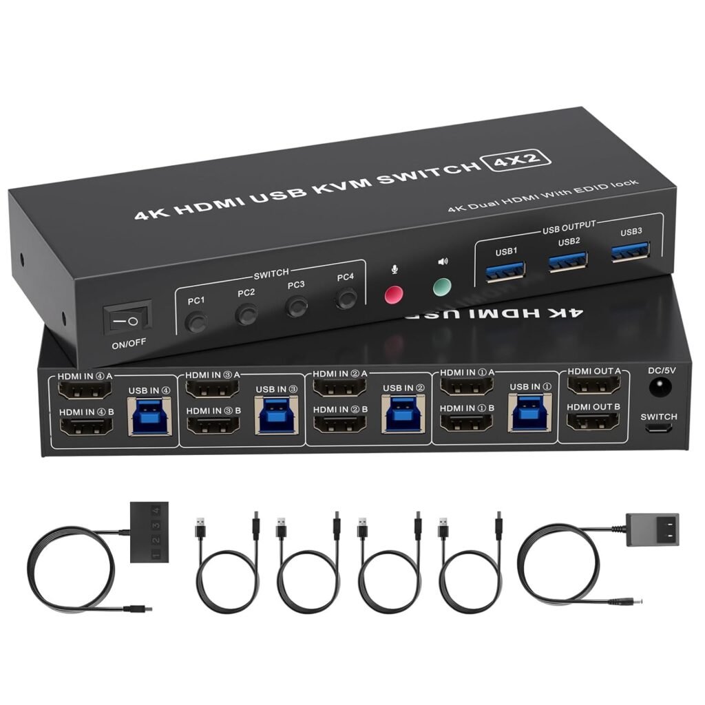 Switch HDMI 4K para 4 Computadoras y 2 Monitores con USB 3.0 y Control Remoto 🎮🖥️