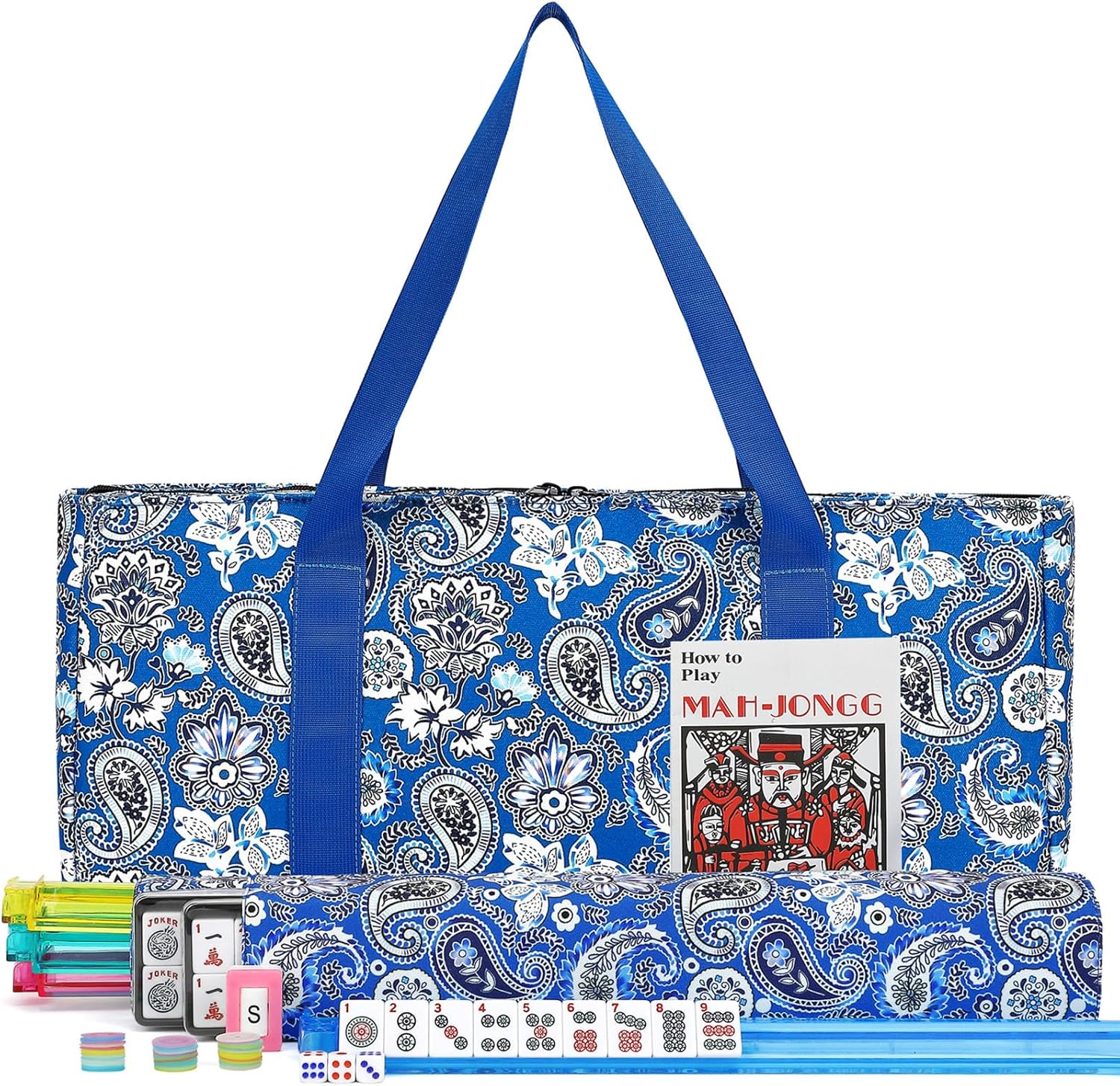 Juego de Mahjong Americano con 166 fichas blancas, 4 bandejas con empujadores, dados y bolsa con flores 🀄👜🎲