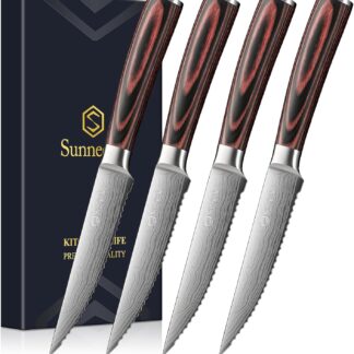 Set de 4 cuchillos para carne con mango de madera y filo dentado 🔪🥩🍴