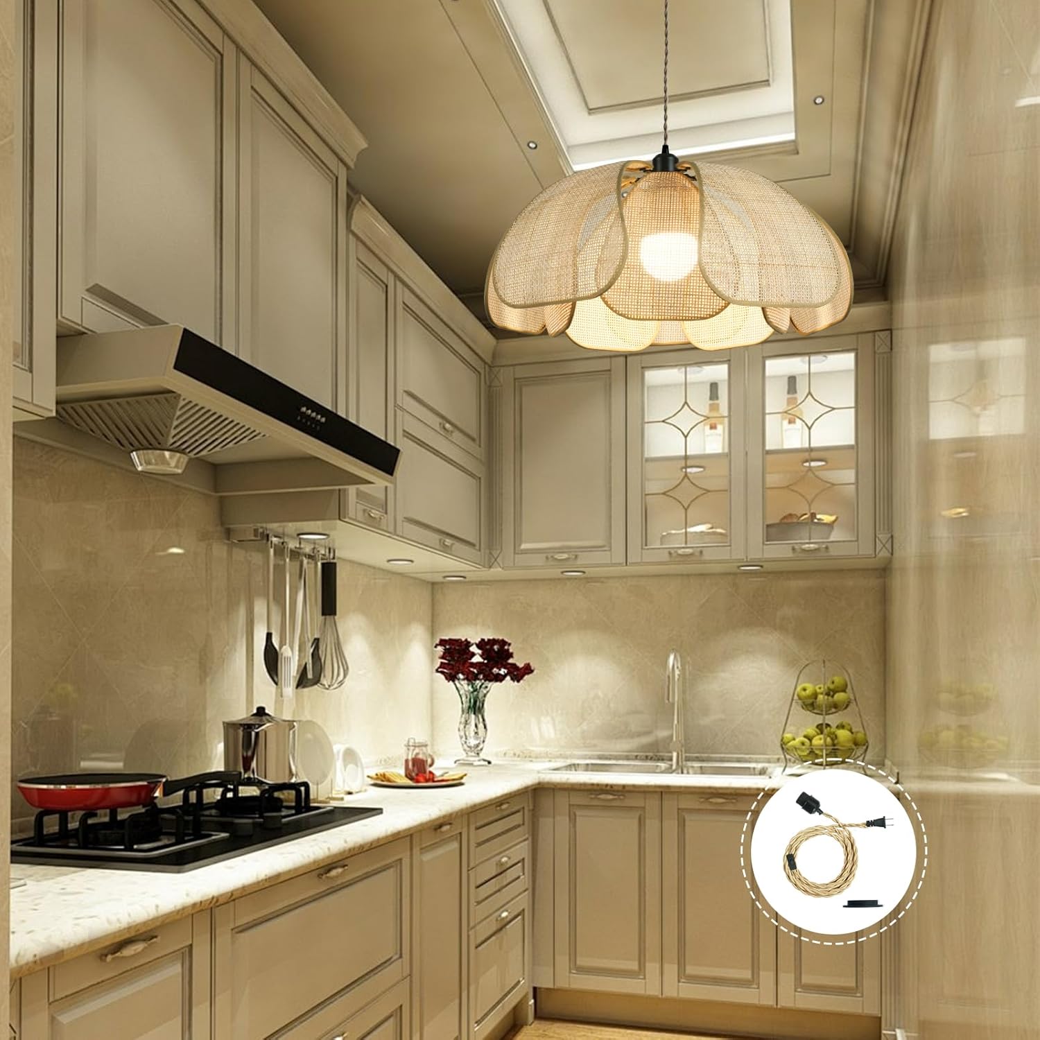 Lámpara colgante de ratán estilo Wabi-sabi japonesa con cable de 5 m 🌿✨ - Imagen 3