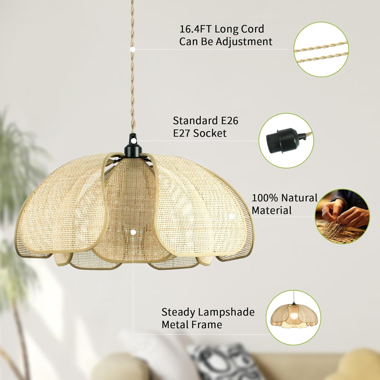 Lámpara colgante de ratán estilo Wabi-sabi japonesa con cable de 5 m 🌿✨ - Imagen 4