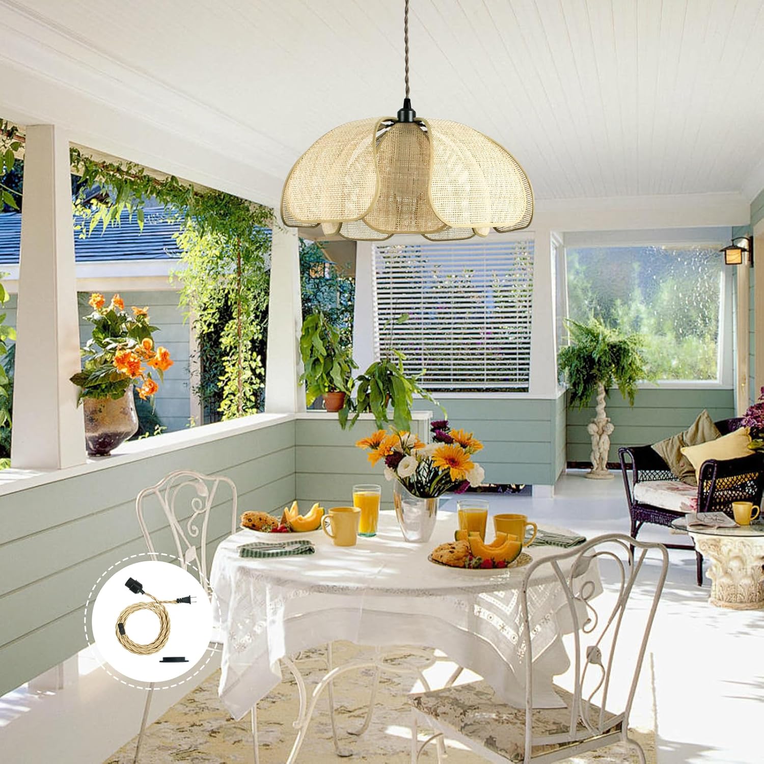 Lámpara colgante de ratán estilo Wabi-sabi japonesa con cable de 5 m 🌿✨ - Imagen 8