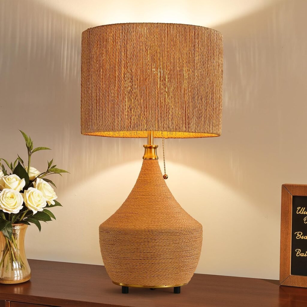 Lámpara de mesa bohemia de ratán 60 cm con cadena de tiro y base estable 🌾💡