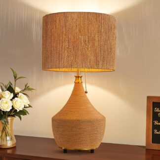 Lámpara de mesa bohemia de ratán 60 cm con cadena de tiro y base estable 🌾💡