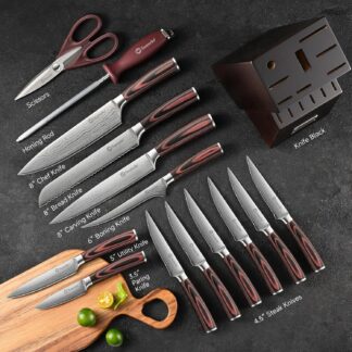 Set de cuchillos de cocina 15 piezas con mango de madera y bloque afilador 🥩🔪