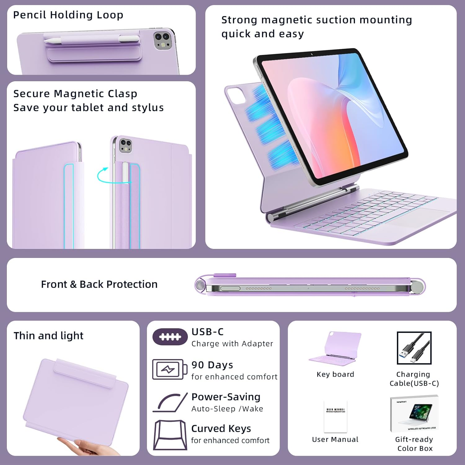 Teclado tipo Magic con trackpad para iPad Air y Pro 11 pulgadas, retroiluminado, resistente a manchas, soporte magnético, diseño compacto, color morado 💜✨ - Imagen 4