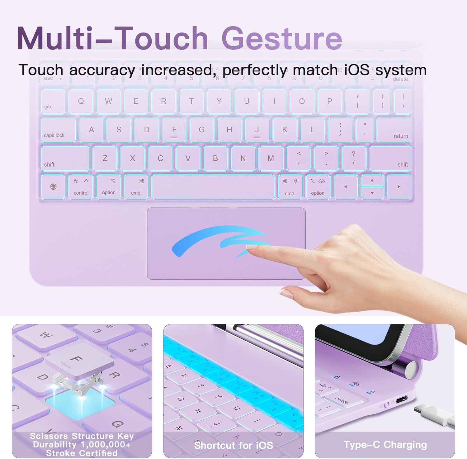 Teclado tipo Magic con trackpad para iPad Air y Pro 11 pulgadas, retroiluminado, resistente a manchas, soporte magnético, diseño compacto, color morado 💜✨ - Imagen 8