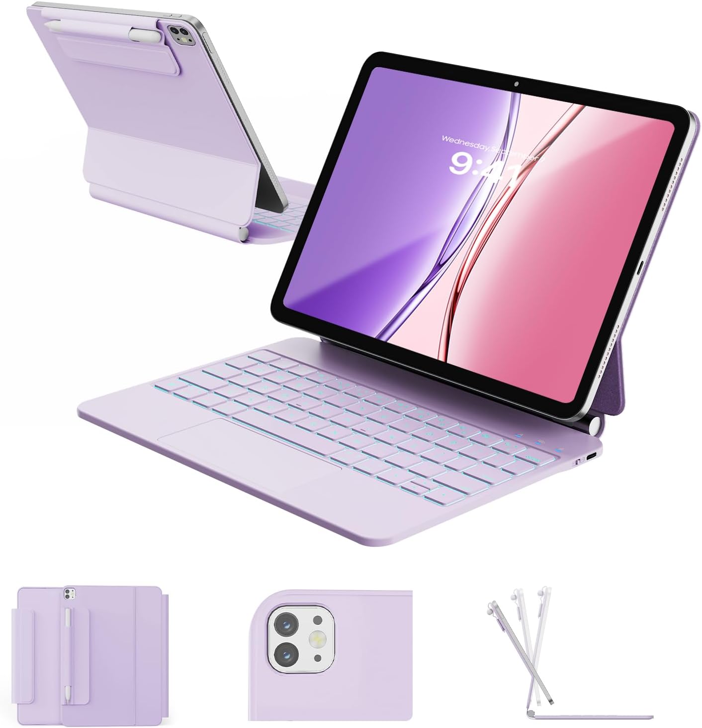 Teclado tipo Magic con trackpad para iPad Air y Pro 11 pulgadas, retroiluminado, resistente a manchas, soporte magnético, diseño compacto, color morado 💜✨