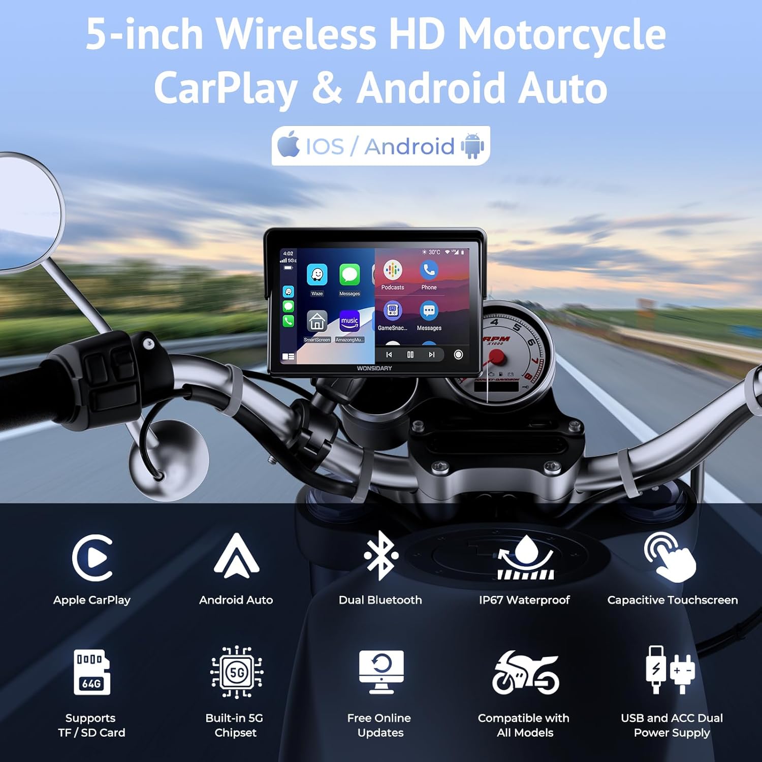 Pantalla impermeable para moto con CarPlay y Android Auto + Bluetooth + GPS + EQ 🎯🏍️ - Imagen 2