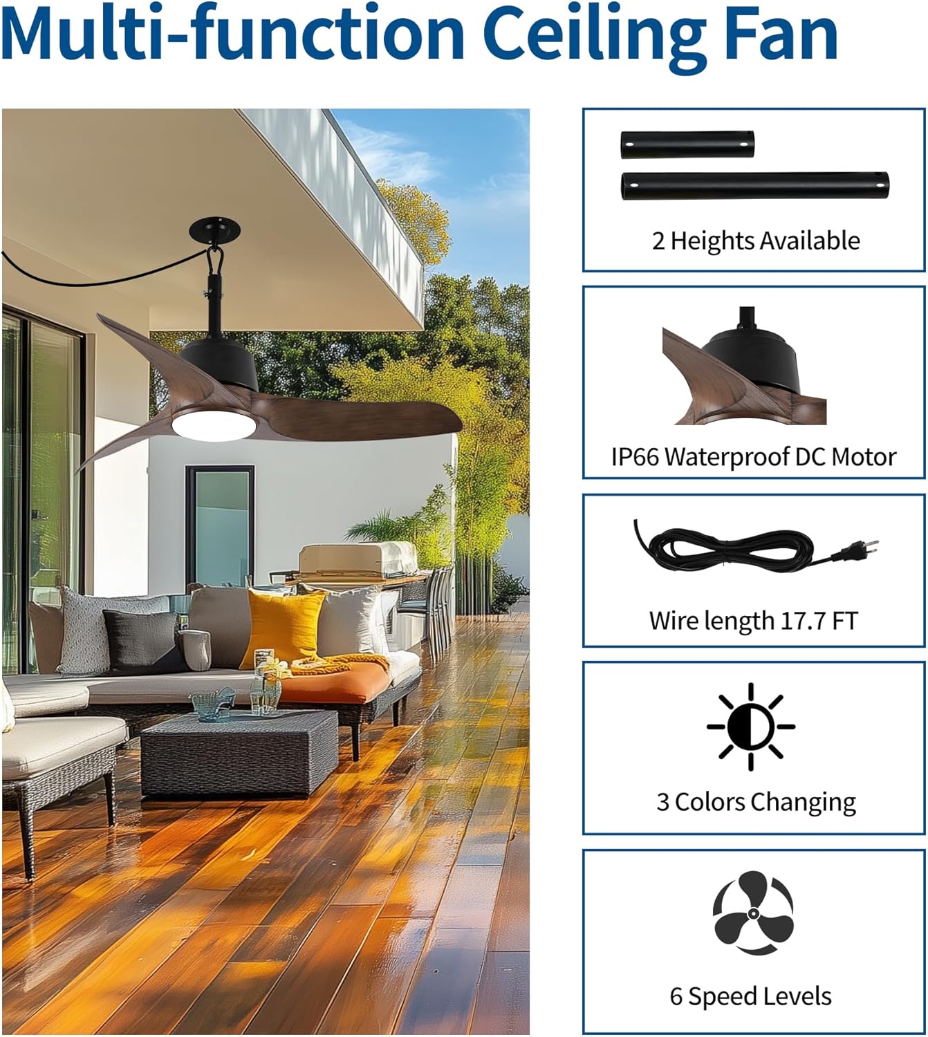 Ventilador de Techo Exterior 42" con Luz LED y Control Remoto – Motor DC Reversible IP66 🌧️🍃 - Imagen 3