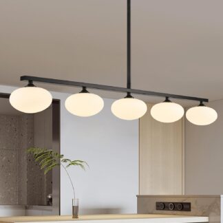 Lámpara colgante moderna negra de 5 luces con globos de vidrio opal 💡