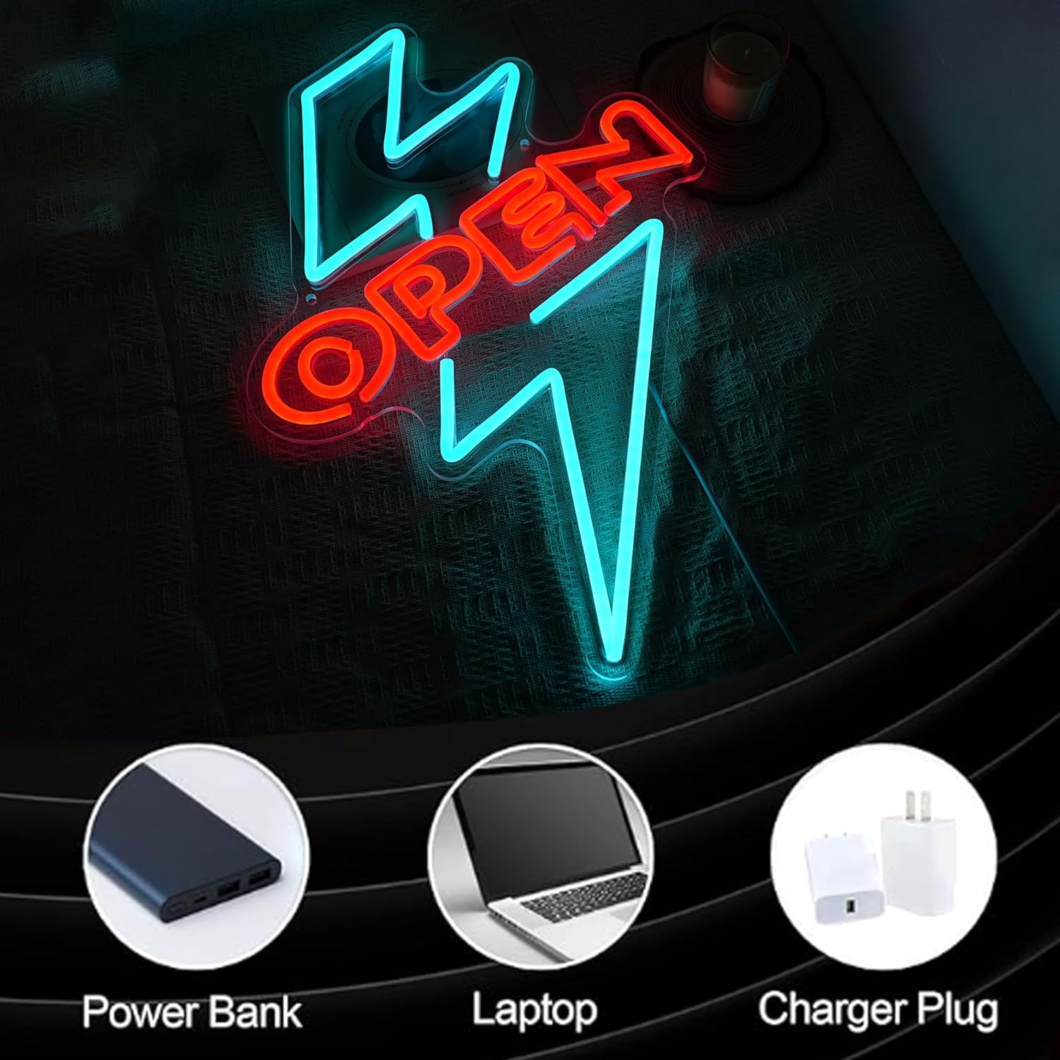 Letrero luminoso OPEN con rayo azul y rojo 💡⚡ - Imagen 3