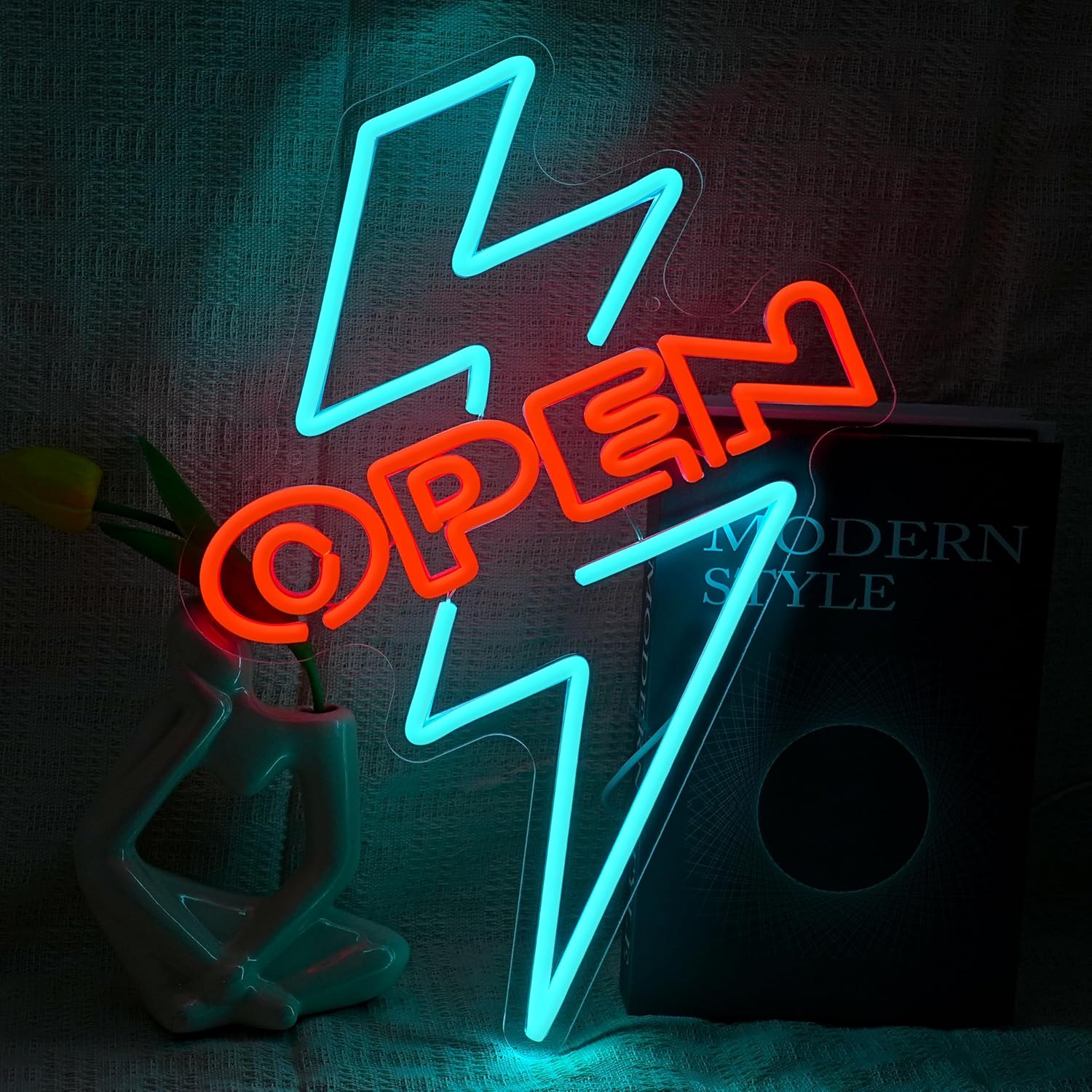 Letrero luminoso OPEN con rayo azul y rojo 💡⚡