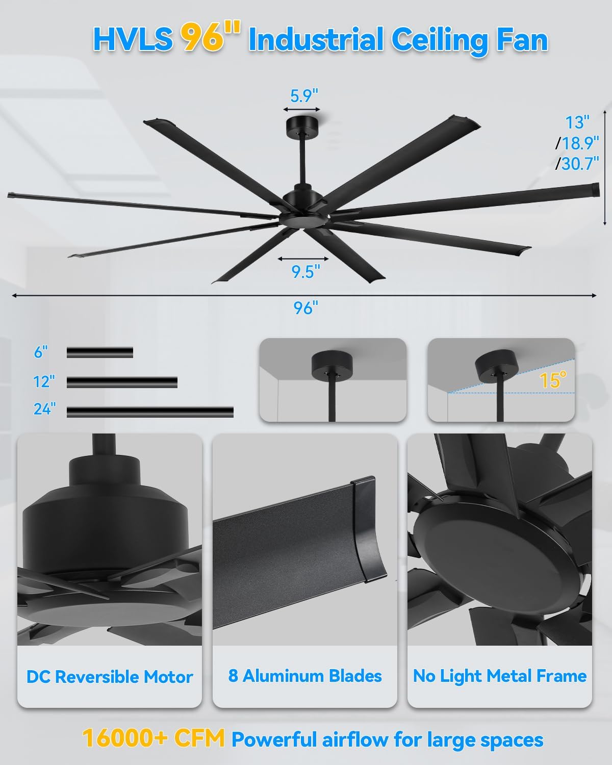 Ventilador de Techo Industrial 96 pulgadas (244 cm) con Control Remoto y Motor Reversible ⚙️🌀 - Imagen 3