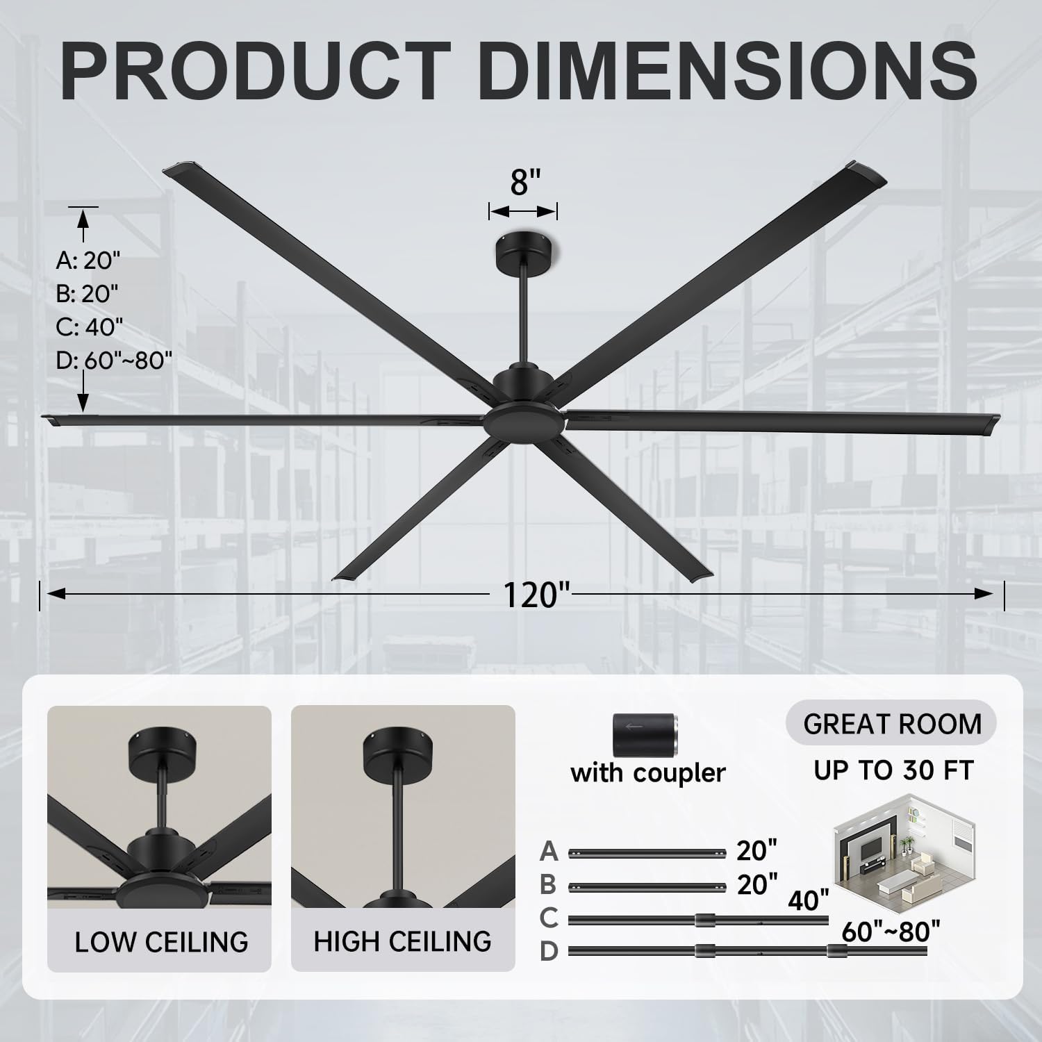 Ventilador industrial de techo 120 pulgadas (305 cm) con control remoto 🌀🏠 - Imagen 5