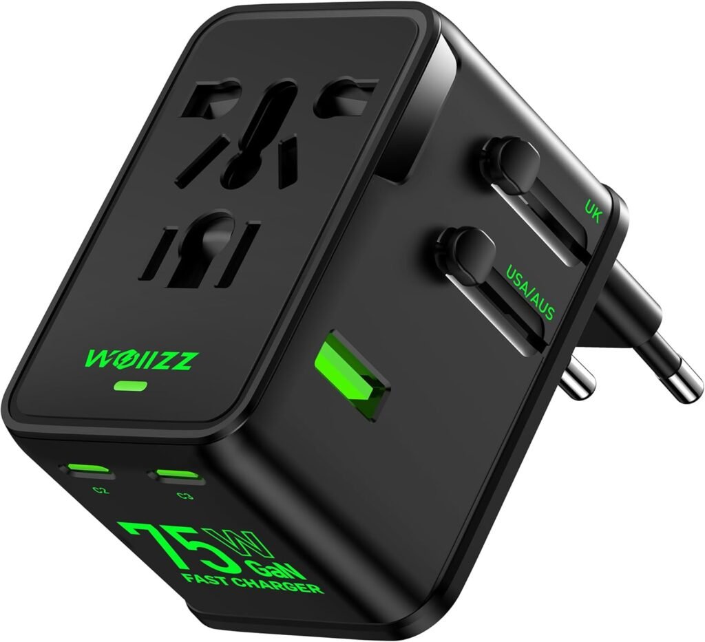 Adaptador Universal de Viaje 🌍 75W GaN Cargador Rápido con 5 Puertos y Enchufes para 200+ Países