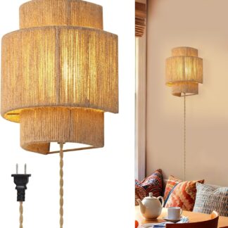 Aplique de Pared Boho con Pantalla de Rattan y Cable Plug-In