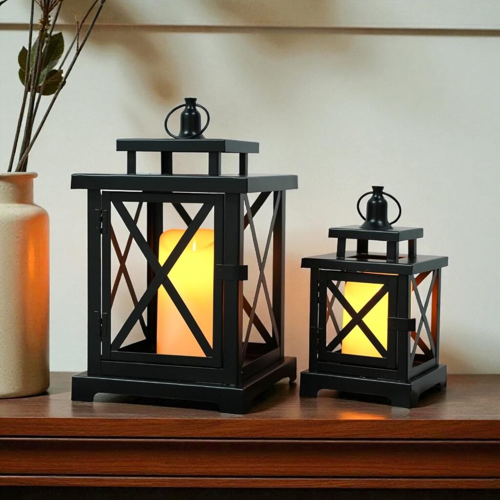 Set de 2 Faroles Vintage Metálicos con Velas LED – 12.5 cm y 9 cm Negro