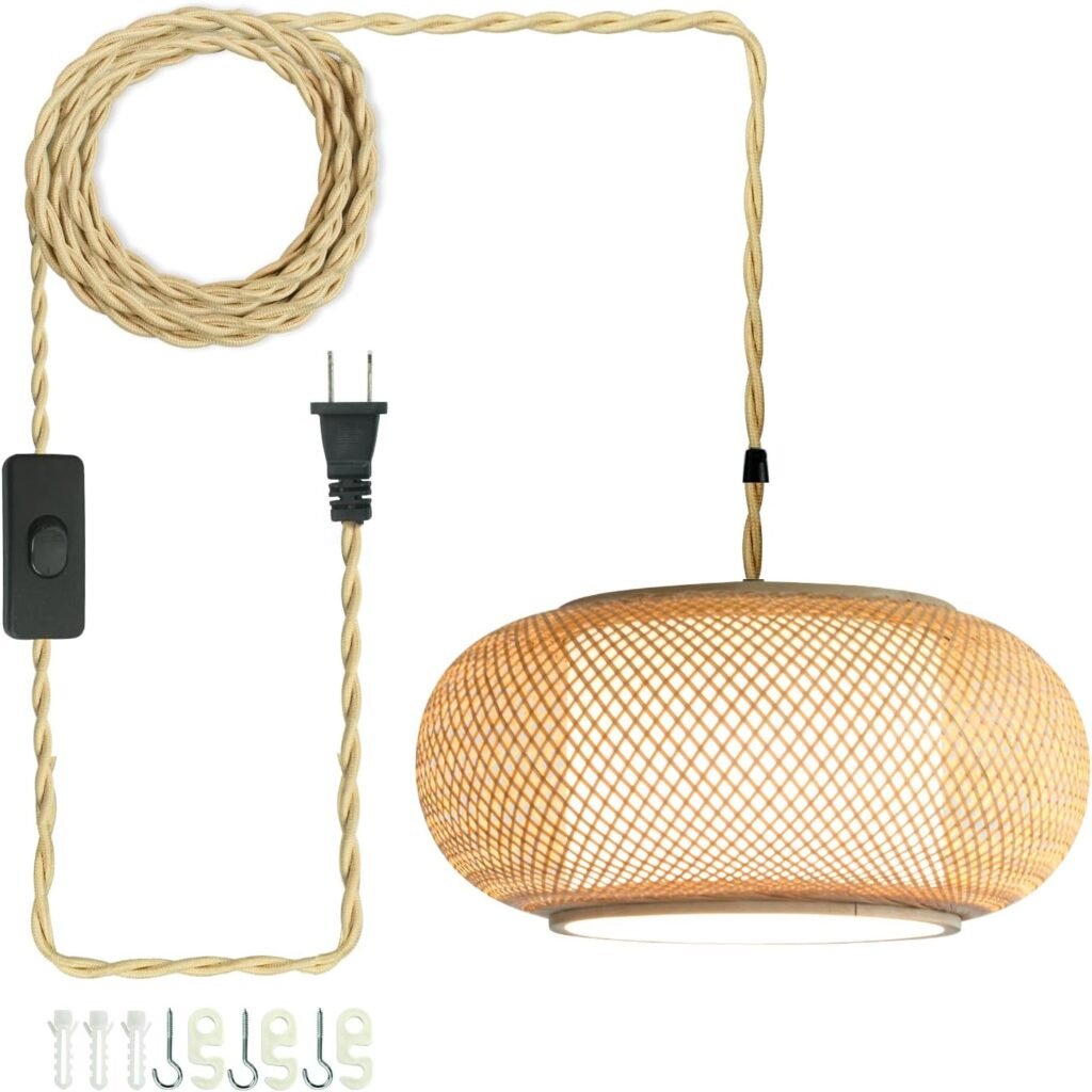 Lámpara Colgante de Bambú con Cable Plug-In Estilo Wabi-Sabi y Pantalla Circular 🌿✨