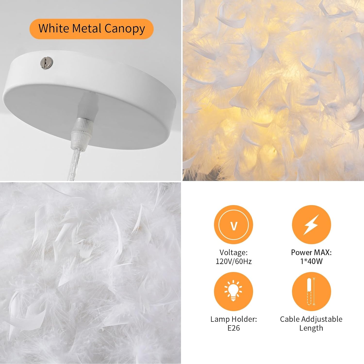 Lámpara Colgante Blanca de Plumas NZV 40 cm 💡 - Imagen 5