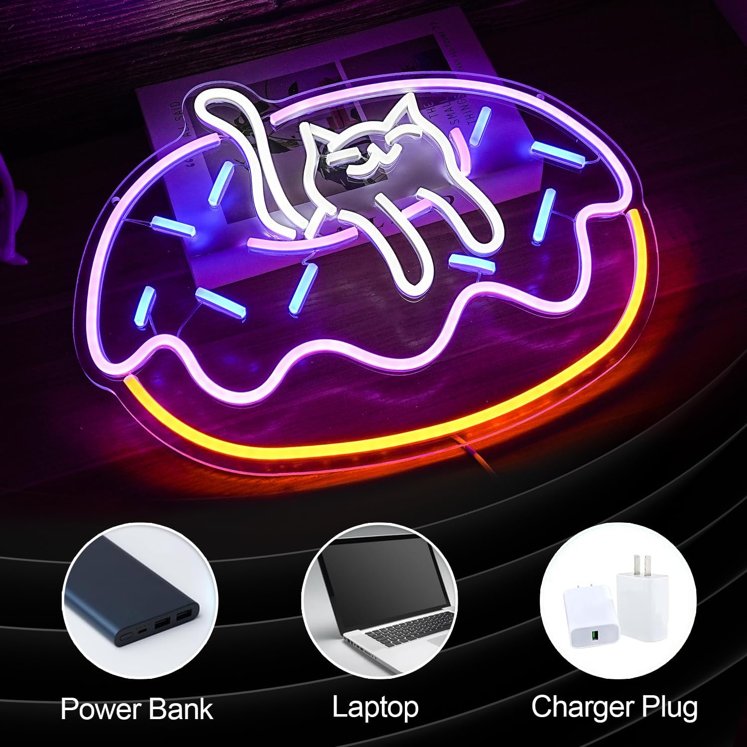 Letrero Neón Gato sobre Dona LED 42x32 cm - Imagen 2