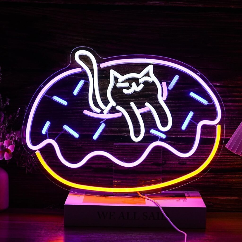 Letrero Neón Gato sobre Dona LED 42x32 cm