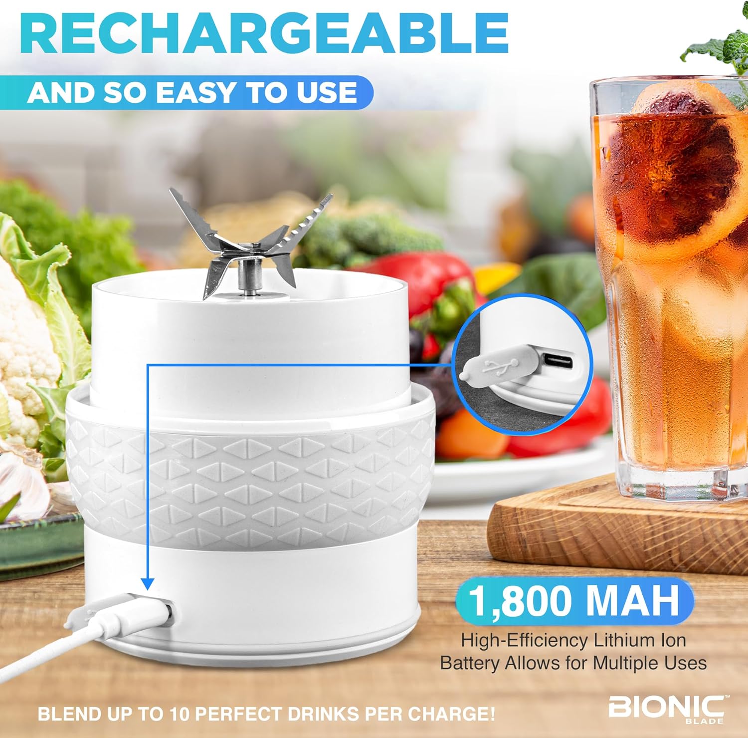 Licuadora Portátil Recargable 26.5 oz 18,000 RPM Bionic Blade 🥤⚡ - Imagen 3