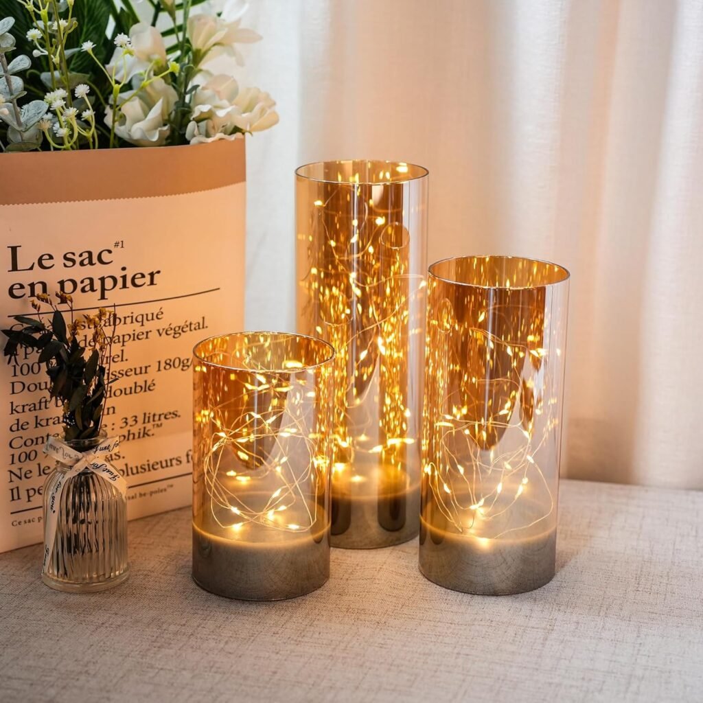 Set de 3 Velas LED con Efecto Llama y Luces de Hada – Vidrio Champán 6/8/10 cm