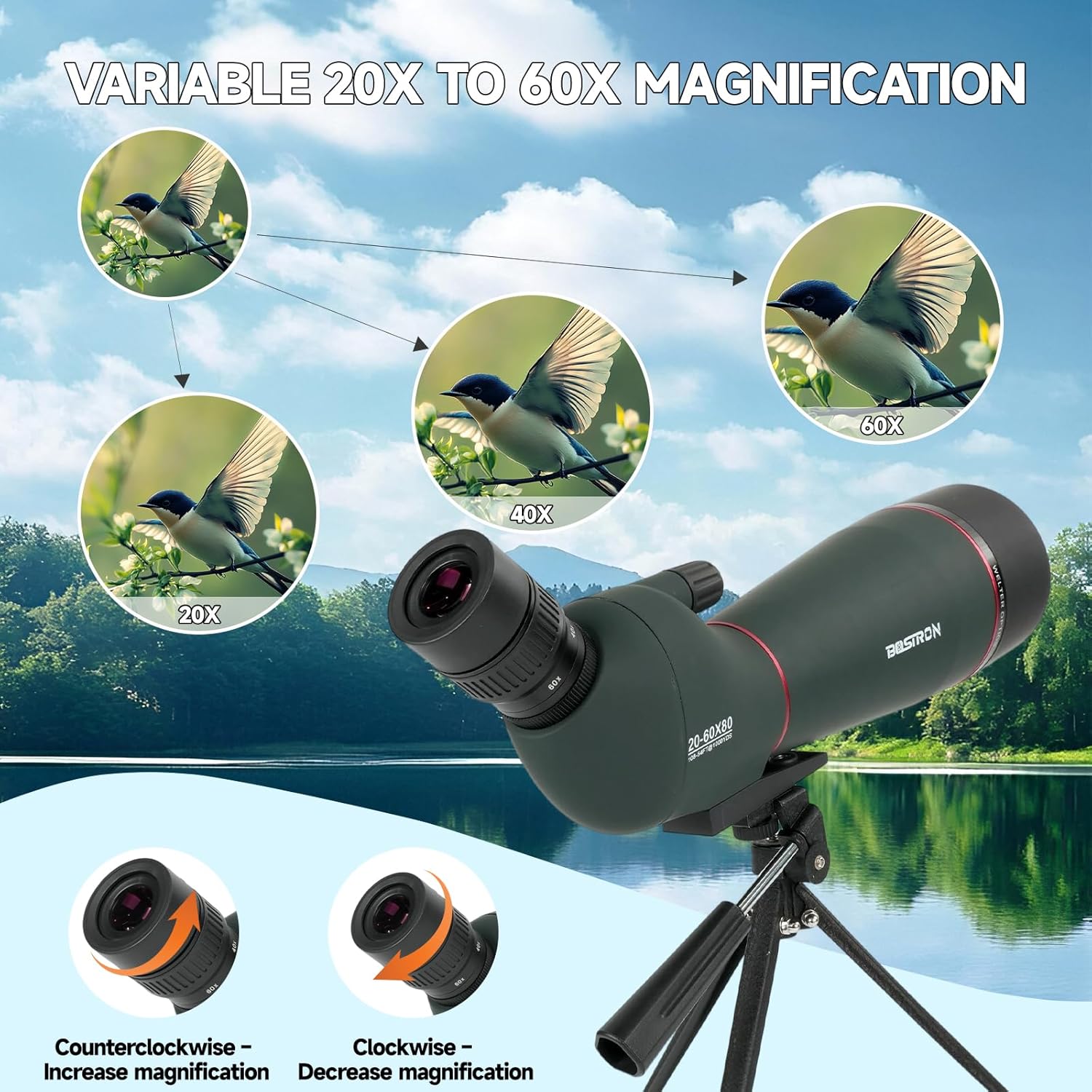 Telescopio terrestre 20-60x80mm con trípode, funda y adaptador para celular 🔭📱 - Imagen 3