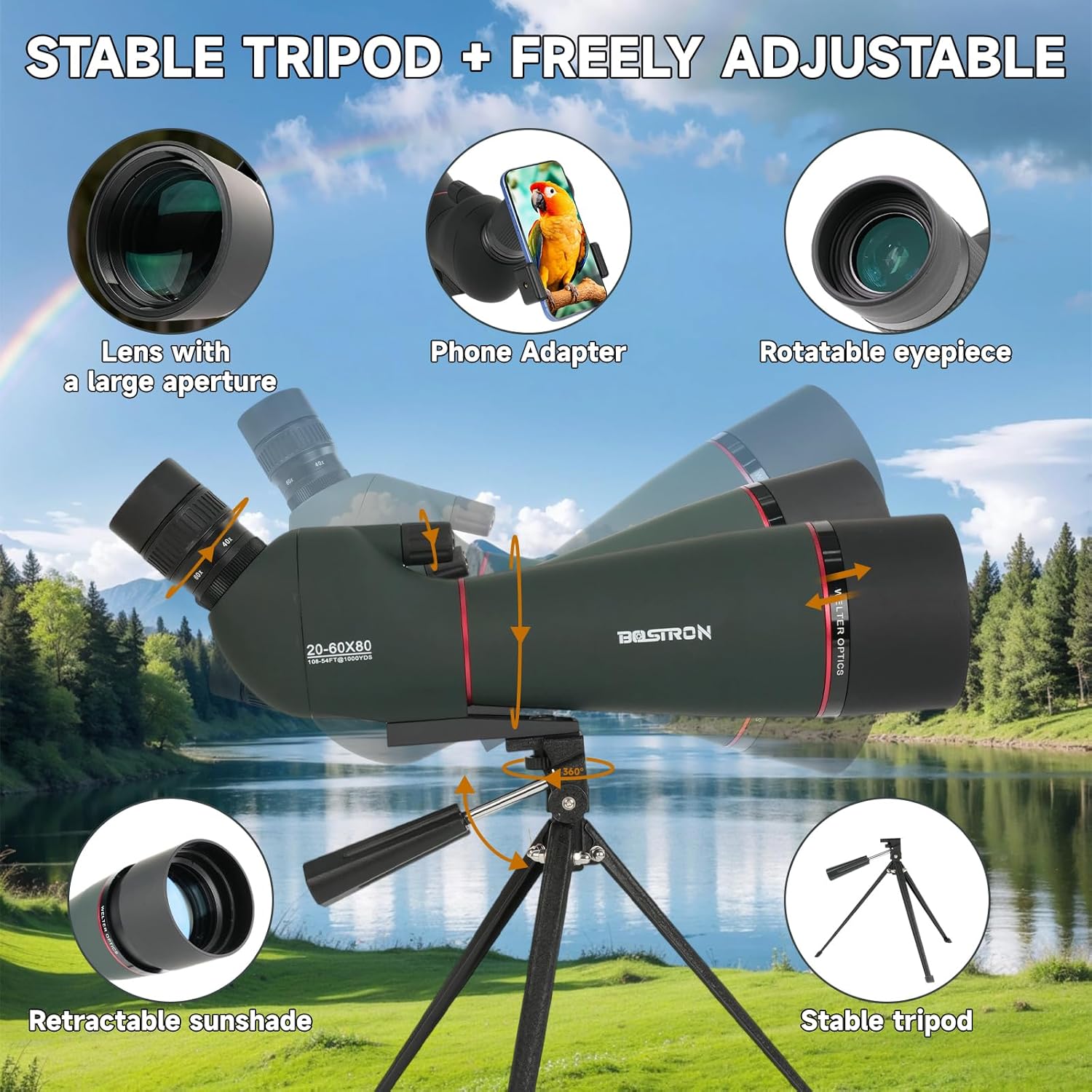 Telescopio terrestre 20-60x80mm con trípode, funda y adaptador para celular 🔭📱 - Imagen 7