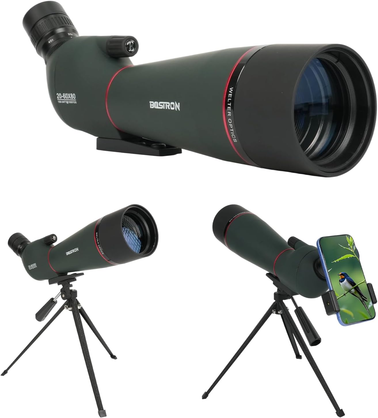 Telescopio terrestre 20-60x80mm con trípode, funda y adaptador para celular 🔭📱