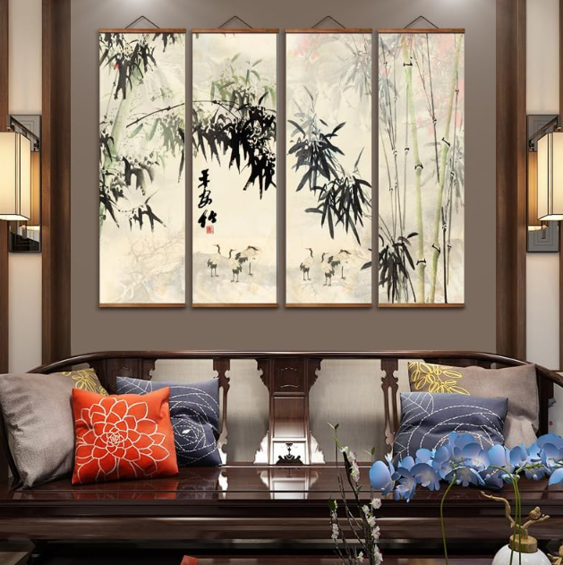 Lienzos Colgantes en Estilo Chino – Set de 4 Lienzos con Grullas y Bambú 🎋🖌️🎨🖼️ - Imagen 3