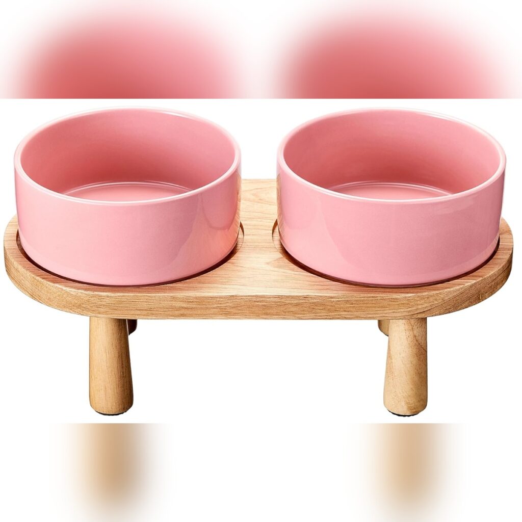 Tazones elevados rosados de cerámica para perros grandes con base de madera antideslizante