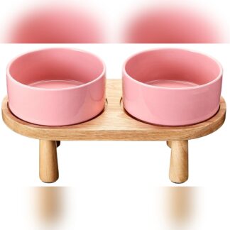 Tazones elevados rosados de cerámica para perros grandes con base de madera antideslizante