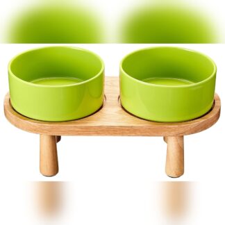 Tazones elevados verdes de cerámica para perros grandes con base de madera antideslizante