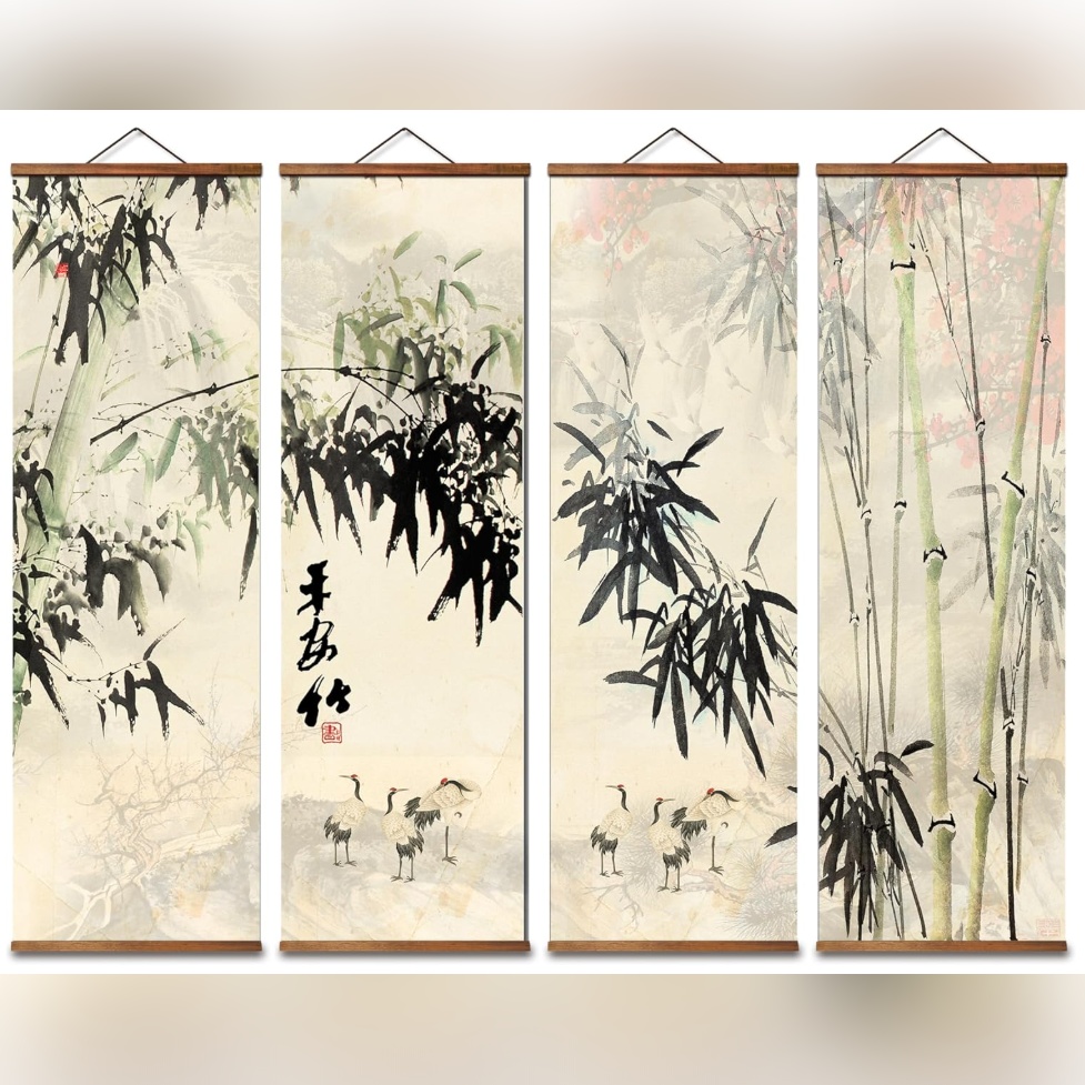 Lienzos Colgantes en Estilo Chino – Set de 4 Lienzos con Grullas y Bambú 🎋🖌️🎨🖼️