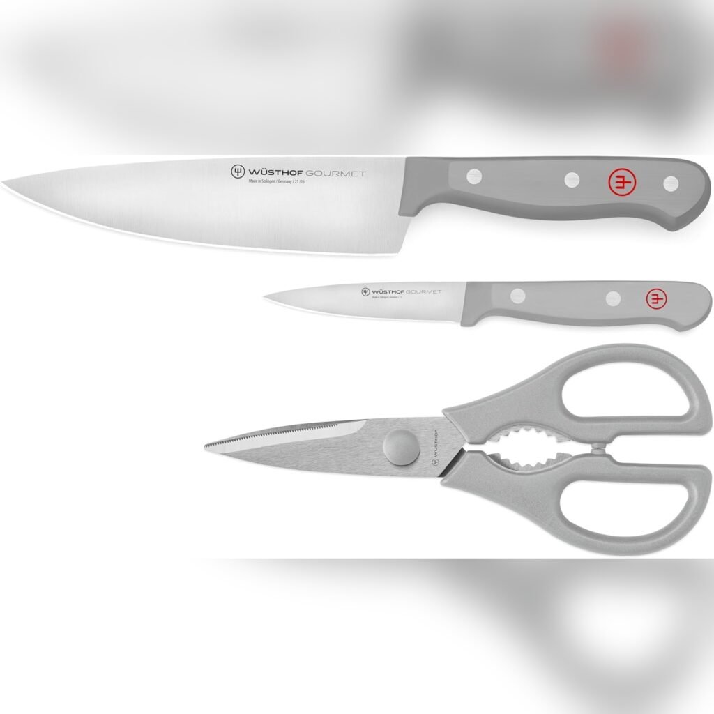 Set de cuchillos esenciales para cocina de 3 piezas con tijeras y mango gris 🧅🔪🍅