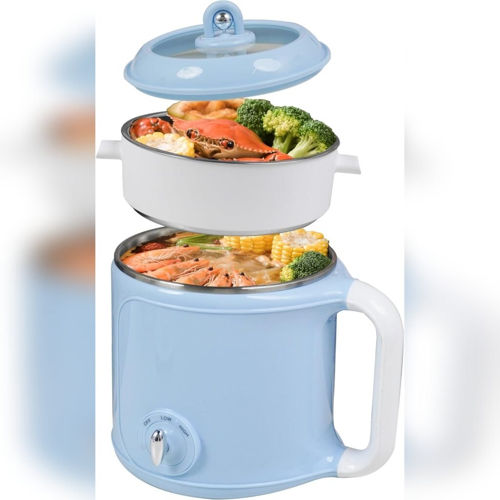 Olla Eléctrica 2L con Vaporera para Ramen, Sopa y Pasta – Doble Potencia y Tapa de Vidrio 💙🥚🍜