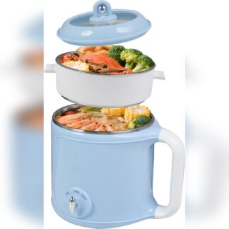 Olla Eléctrica 2L con Vaporera para Ramen, Sopa y Pasta – Doble Potencia y Tapa de Vidrio 💙🥚🍜