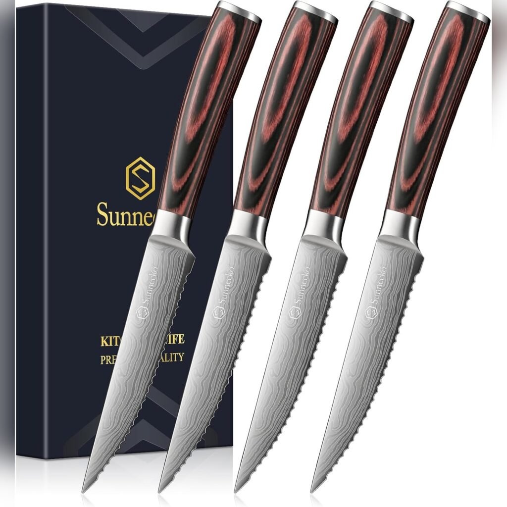 Set de 4 cuchillos para carne con mango de madera y filo dentado 🔪🥩🍴