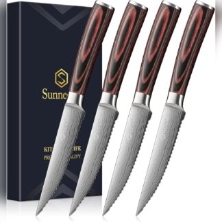 Set de 4 cuchillos para carne con mango de madera y filo dentado 🔪🥩🍴