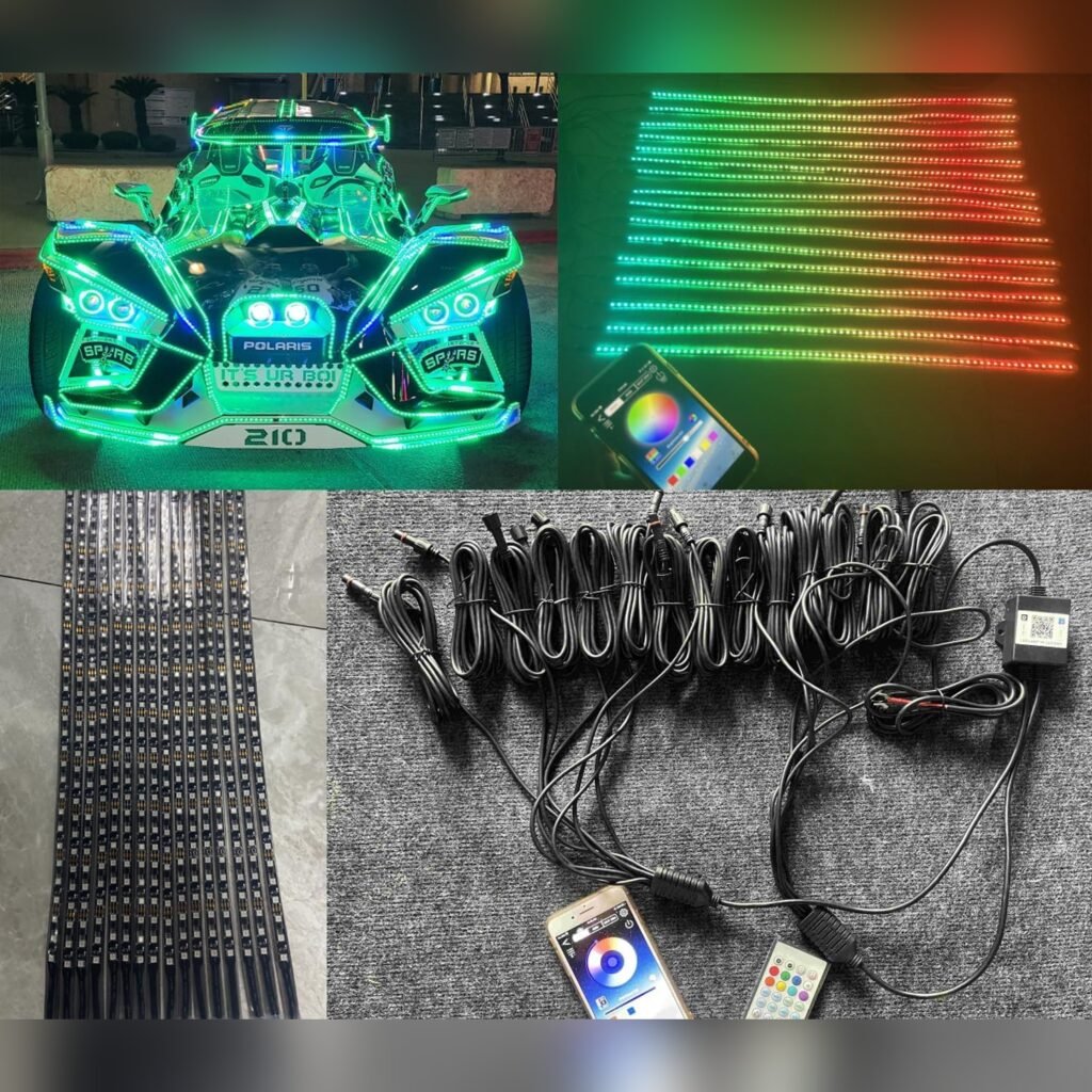 Kit de 16 Tiras LED de 1.4 m para Polaris Slingshot y Autos, Efecto Chasing Multicolor, Control Remoto y Bluetooth, IP68, Compatible Universal 🚗✨