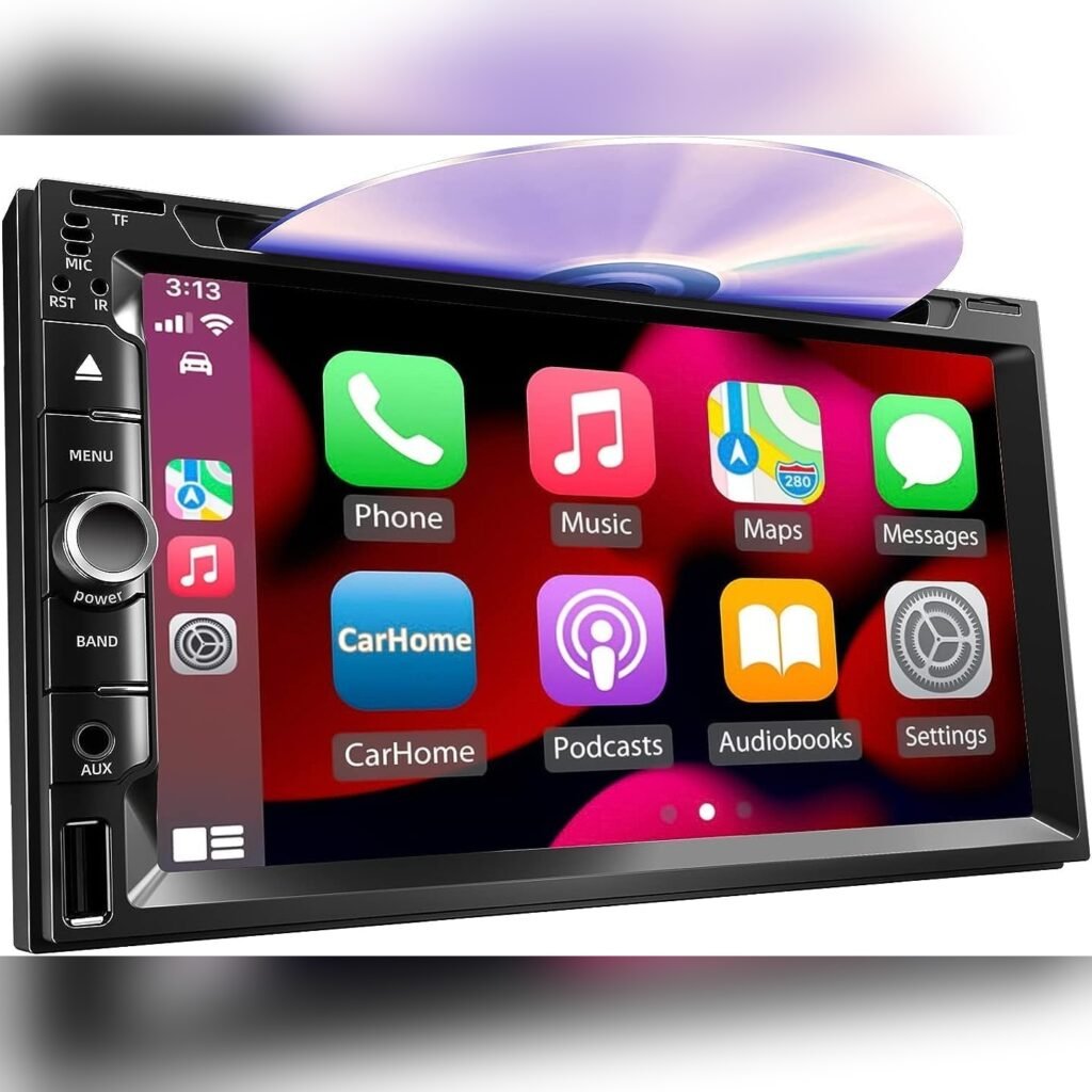 Estéreo doble din para auto con pantalla táctil de 7 pulgadas, reproductor CD/DVD, Bluetooth 5.2, CarPlay y Android Auto, cámara de retroceso, ranuras USB y tarjeta TF, radio FM, entrada AUX 🎵🚗