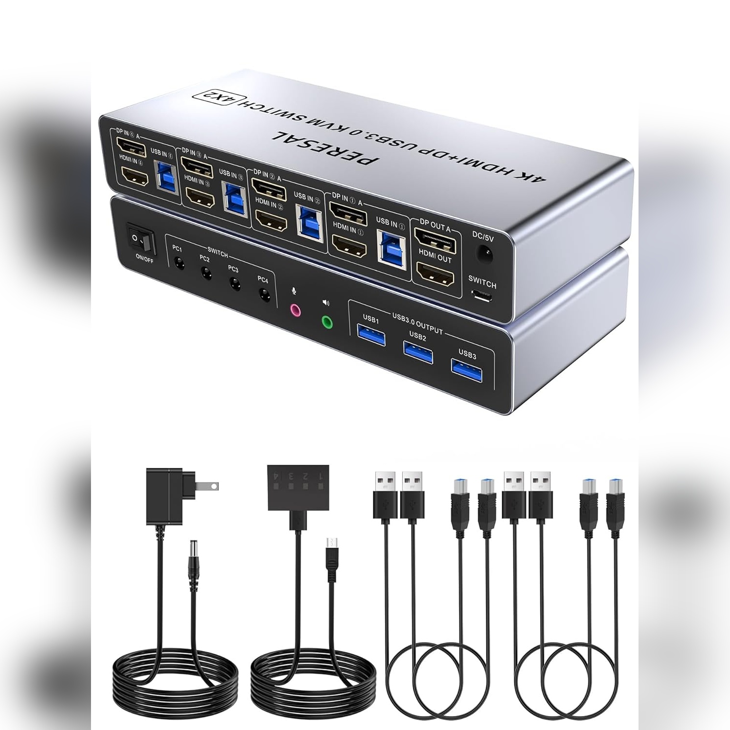 Switch KVM PERESAL 4x2 HDMI + DP con 3 USB 3.0 y soporte 4K 🎮🖥️⚡