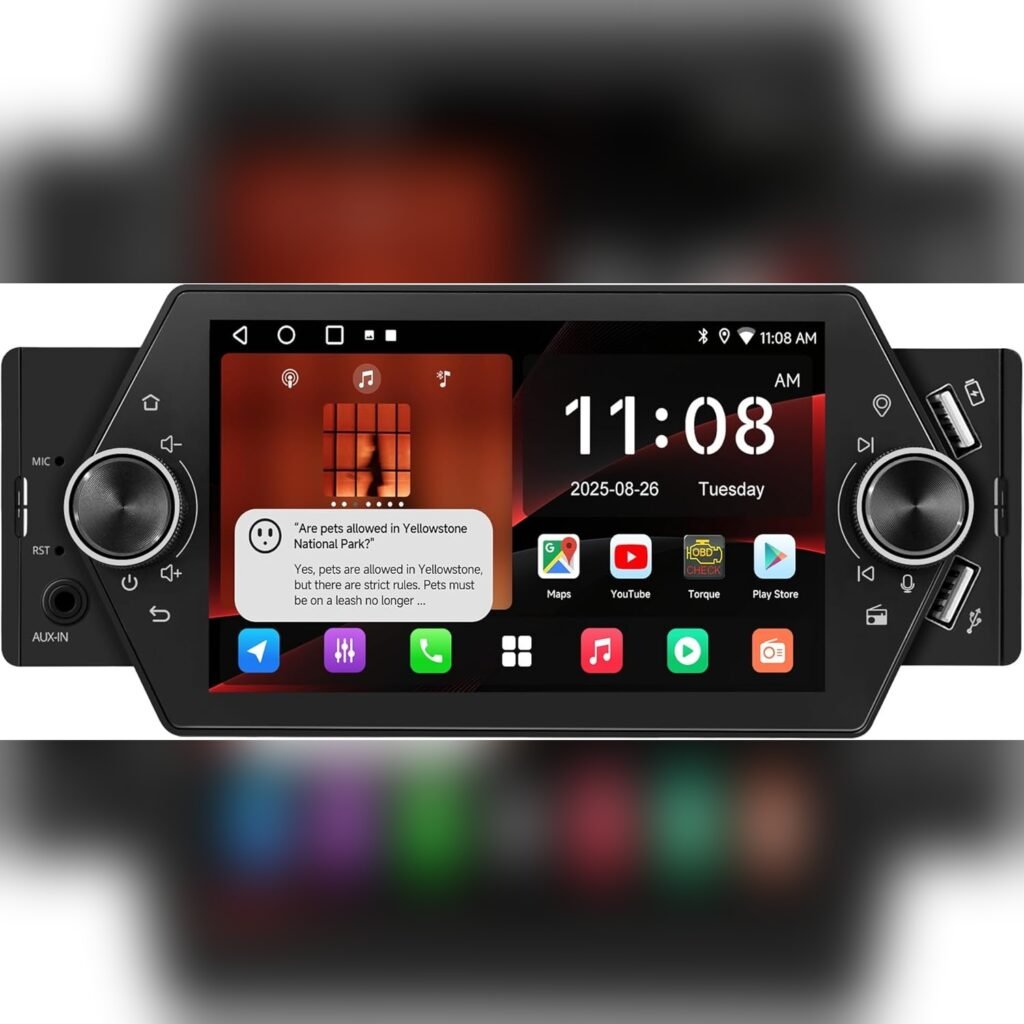 Pantalla Android 1 DIN 5 pulgadas con CarPlay, Android Auto, WiFi, Bluetooth, GPS y control por voz 🎶🚘