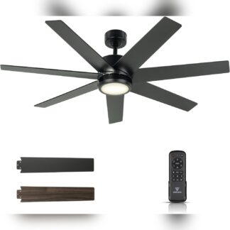 Ventilador de techo 132 cm con luz LED, 7 aspas silenciosas, control remoto, negro mate y acero cepillado 🌬️💡