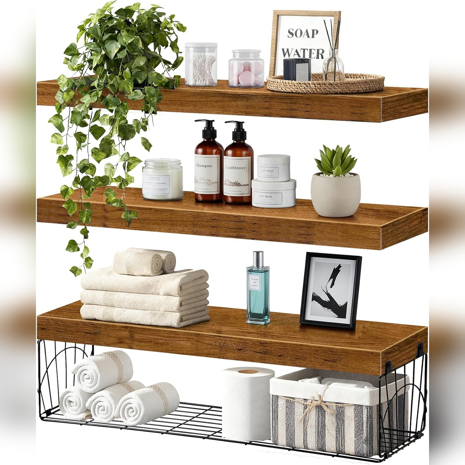 Estantes flotantes rústicos (3 piezas) 🪵 para baño, cocina o sala – 24 pulgadas
