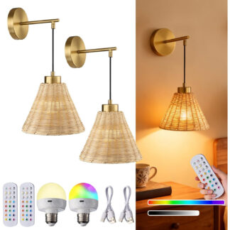 Apliques de Pared Inalámbricos Recargables Boho de Ratán y Oro (Set de 2) con Control Remoto, 15 Colores y Brillo Ajustable 🌈✨